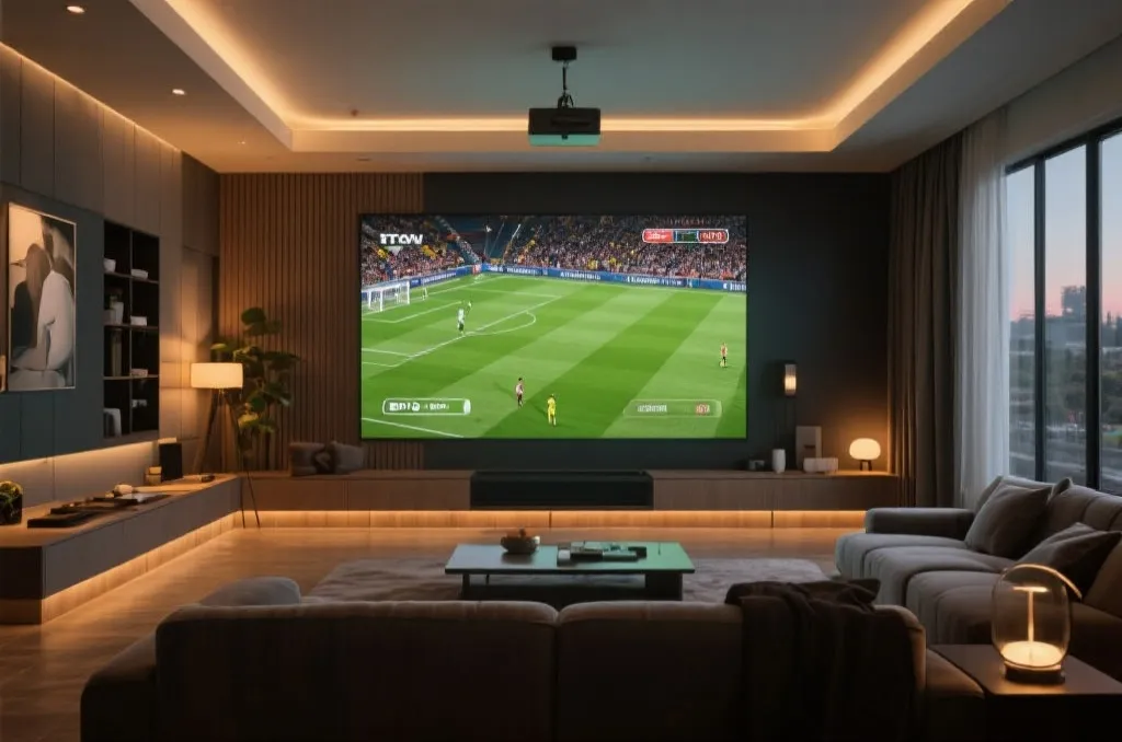 A modern living room home theater with a giant smart screen displaying a football match and warm ambient lighting