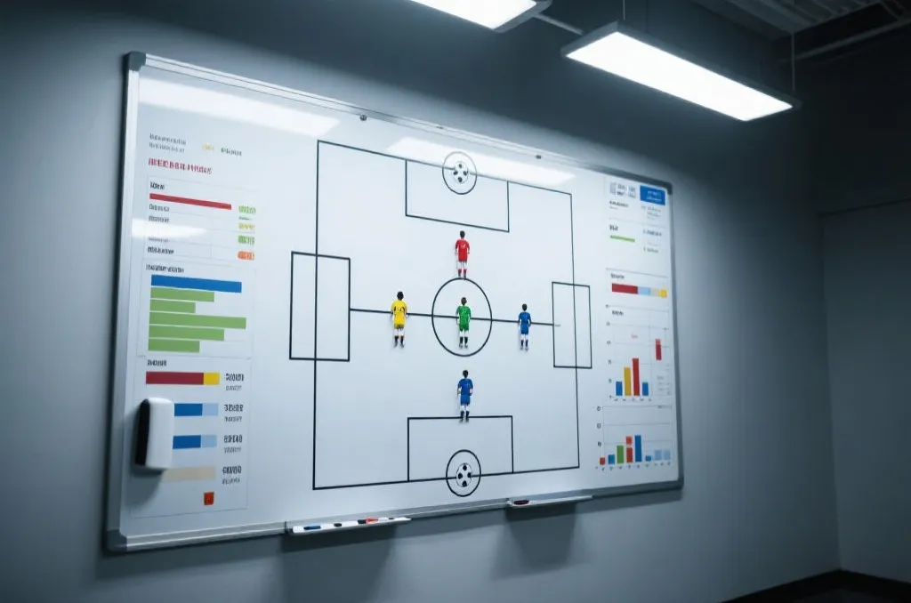 A detailed tactical whiteboard with soccer formations and player data charts, clean design, analytical atmosphere
