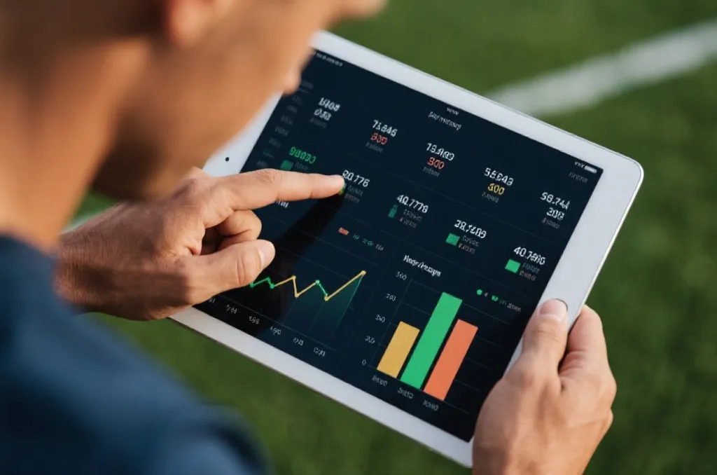person analyzing sports statistics on a digital tablet with charts and graphs